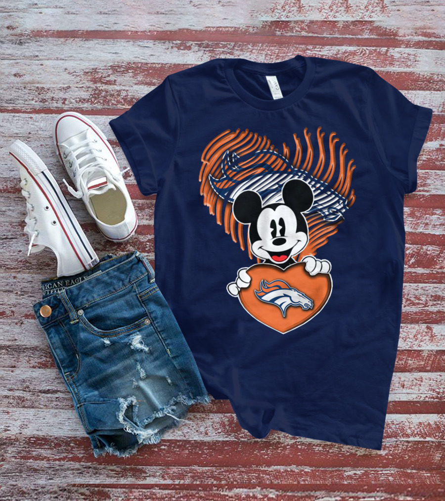 Mickey Mouse Holding Denver Broncos Logo Heart With Bronco Horse Outline T-Shirt