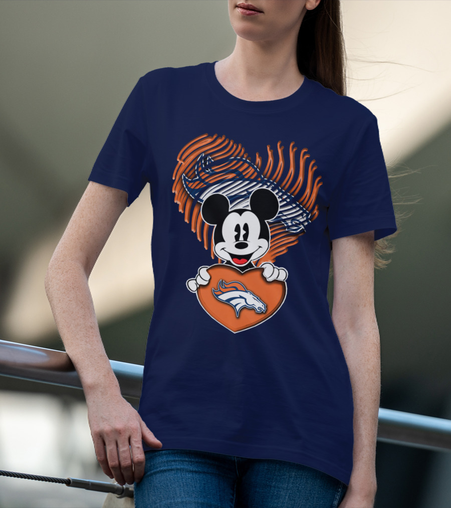 Mickey Mouse Holding Denver Broncos Logo Heart With Bronco Horse Outline T-Shirt