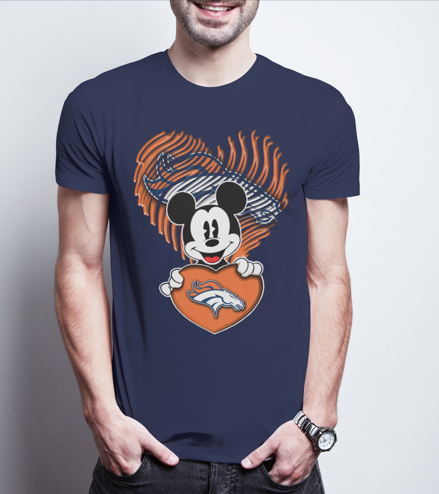 Mickey Mouse Holding Denver Broncos Logo Heart With Bronco Horse Outline T-Shirt