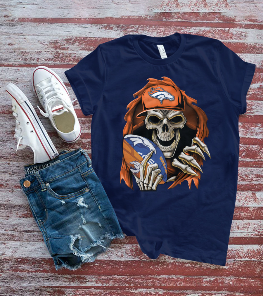 Skullbong Denver Broncos Skeleton Holding Football With Team Logo Helmet And Cap T-Shirt