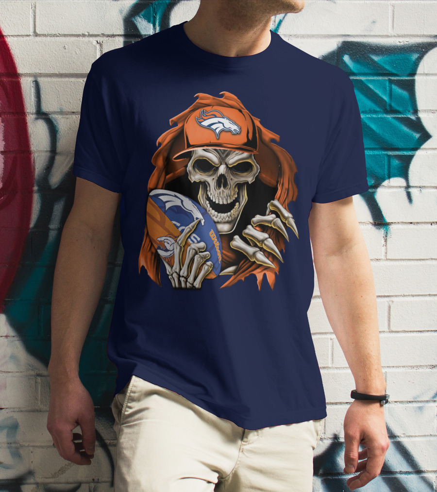Skullbong Denver Broncos Skeleton Holding Football With Team Logo Helmet And Cap T-Shirt