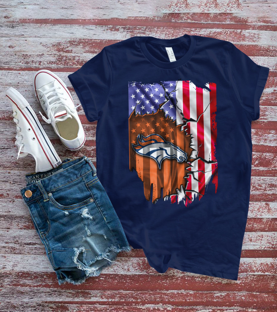 Flag V2 Denver Broncos American Flag Rip Style T-Shirt