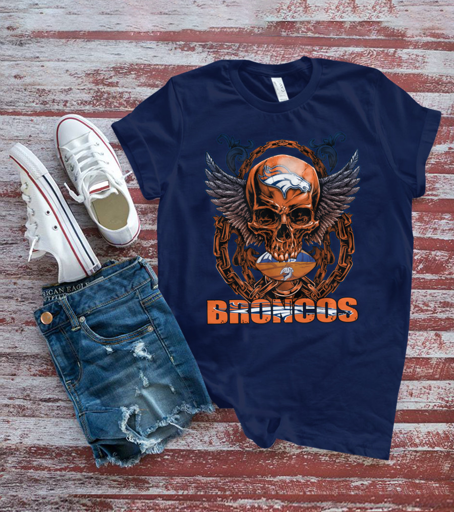 Skullfb Denver Broncos Winged Skull Football Chain T-Shirt