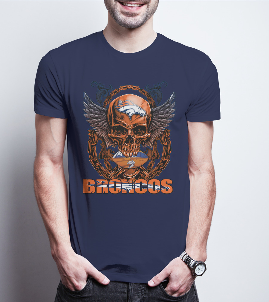 Skullfb Denver Broncos Winged Skull Football Chain T-Shirt