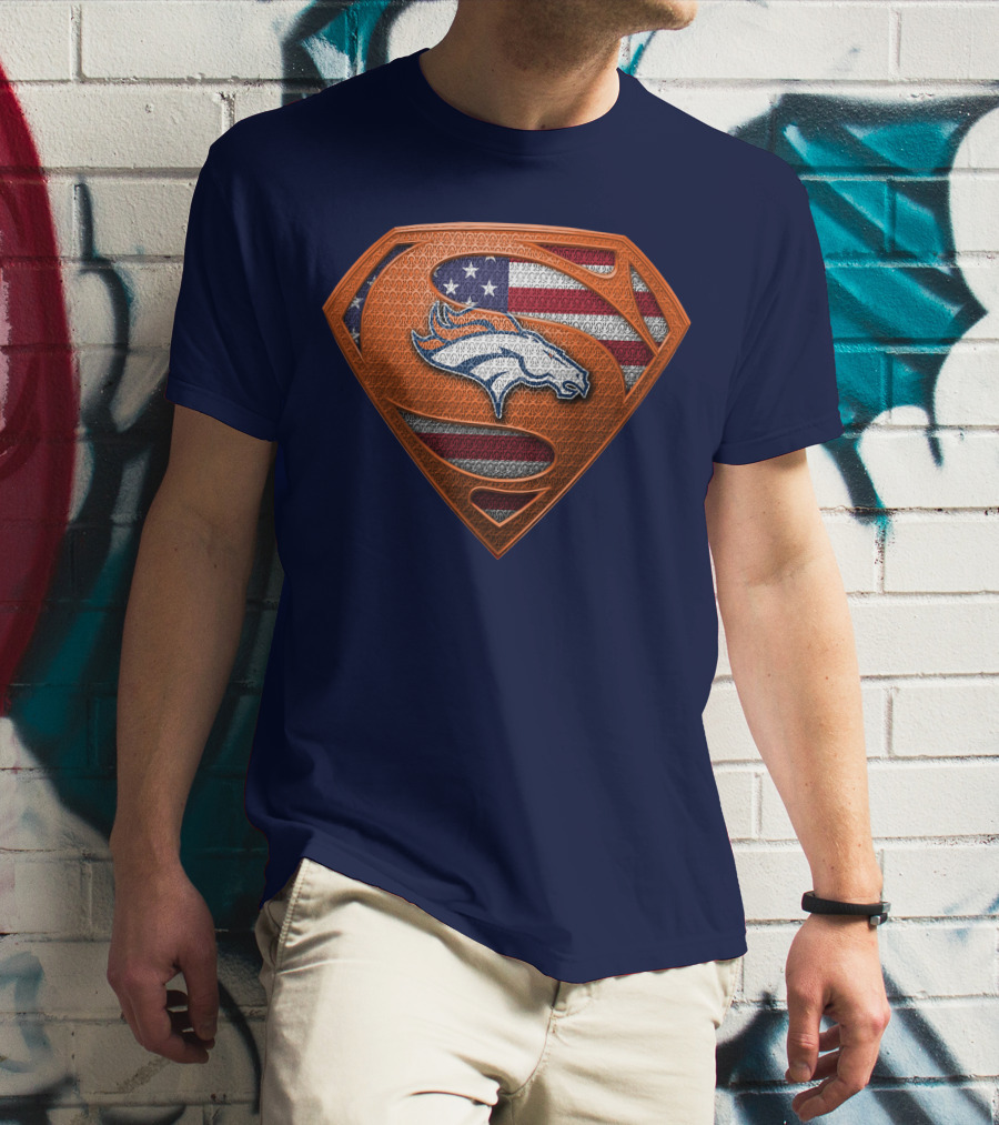 Denver Broncos Superhero Shield American Flag T-Shirt