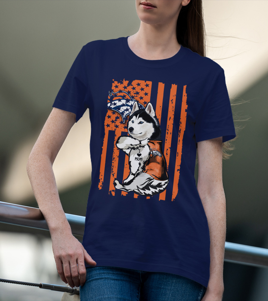 Siberian Husky Mom Denver Broncos Fan Usa Flag T-Shirt