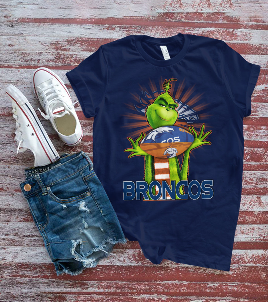Grinch Holding Denver Broncos Football T-Shirt