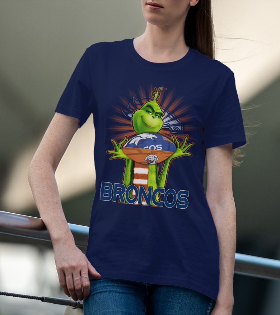 Grinch Holding Denver Broncos Football T-Shirt