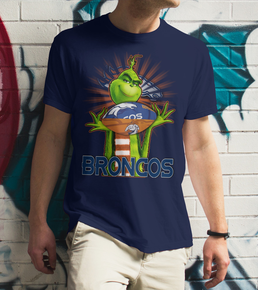 Grinch Holding Denver Broncos Football T-Shirt