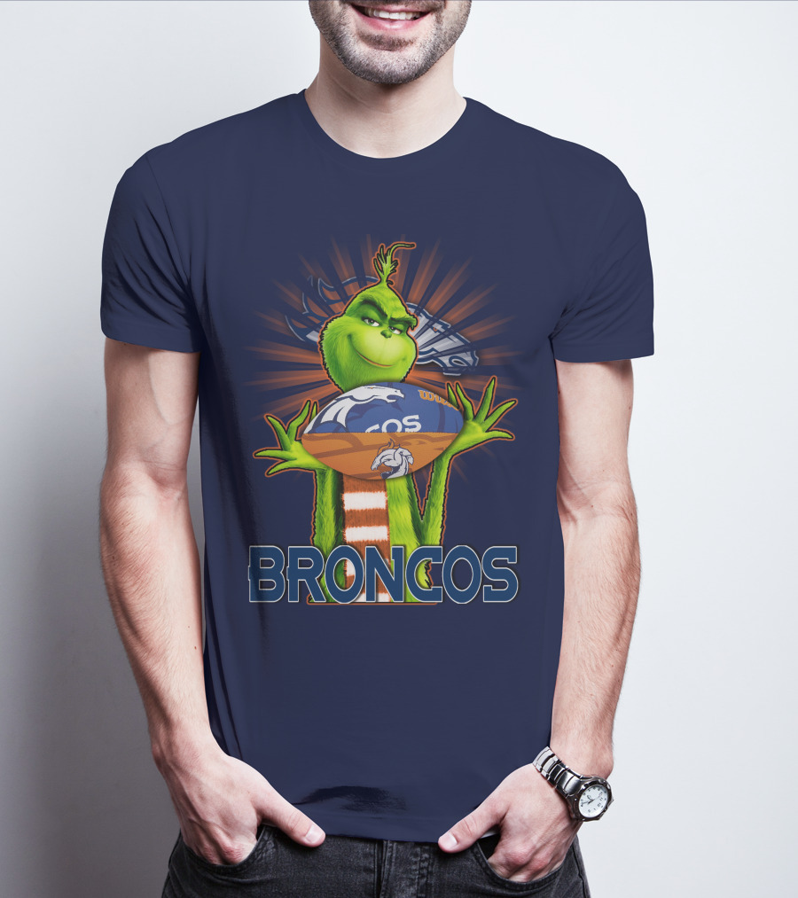 Grinch Holding Denver Broncos Football T-Shirt