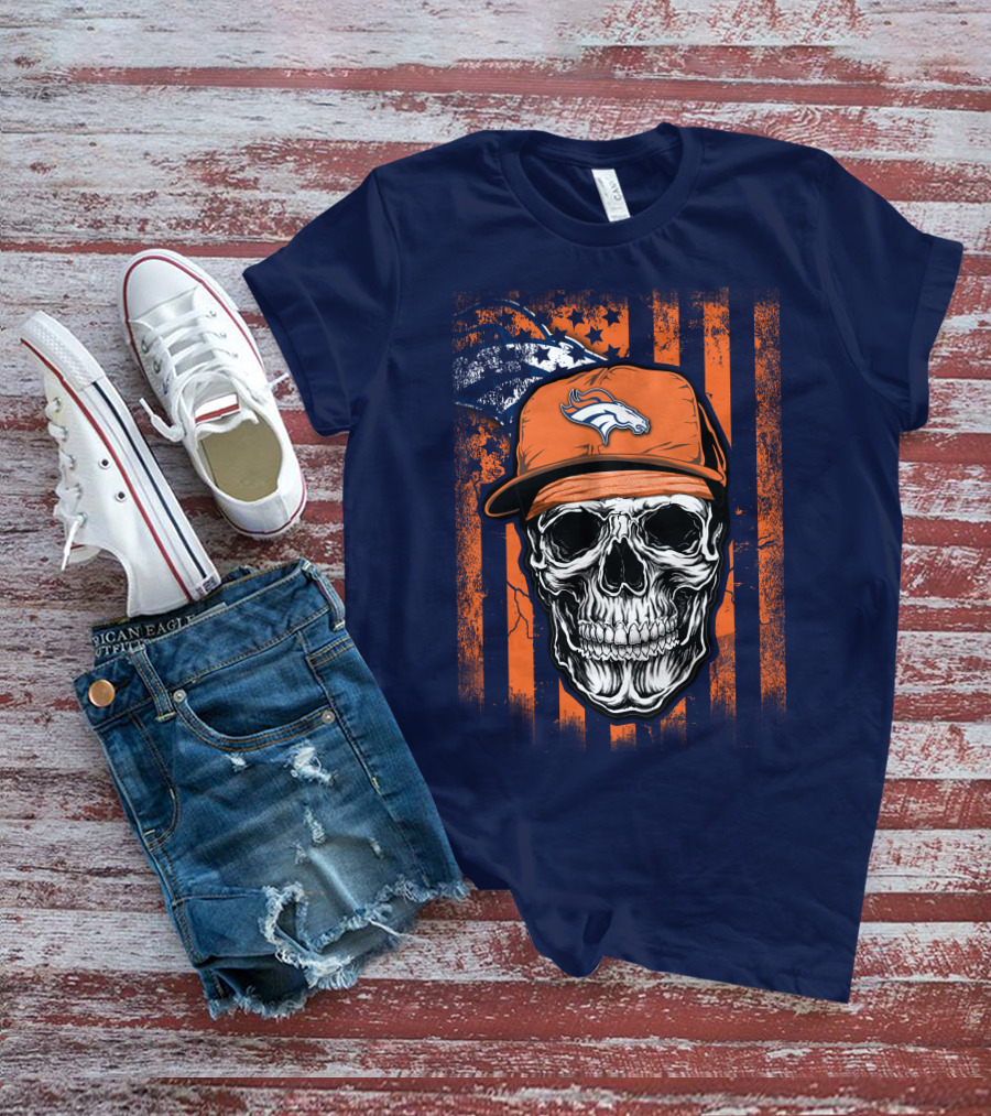 Skull V1 Denver Broncos Flag Style Football Skull Cap T-Shirt