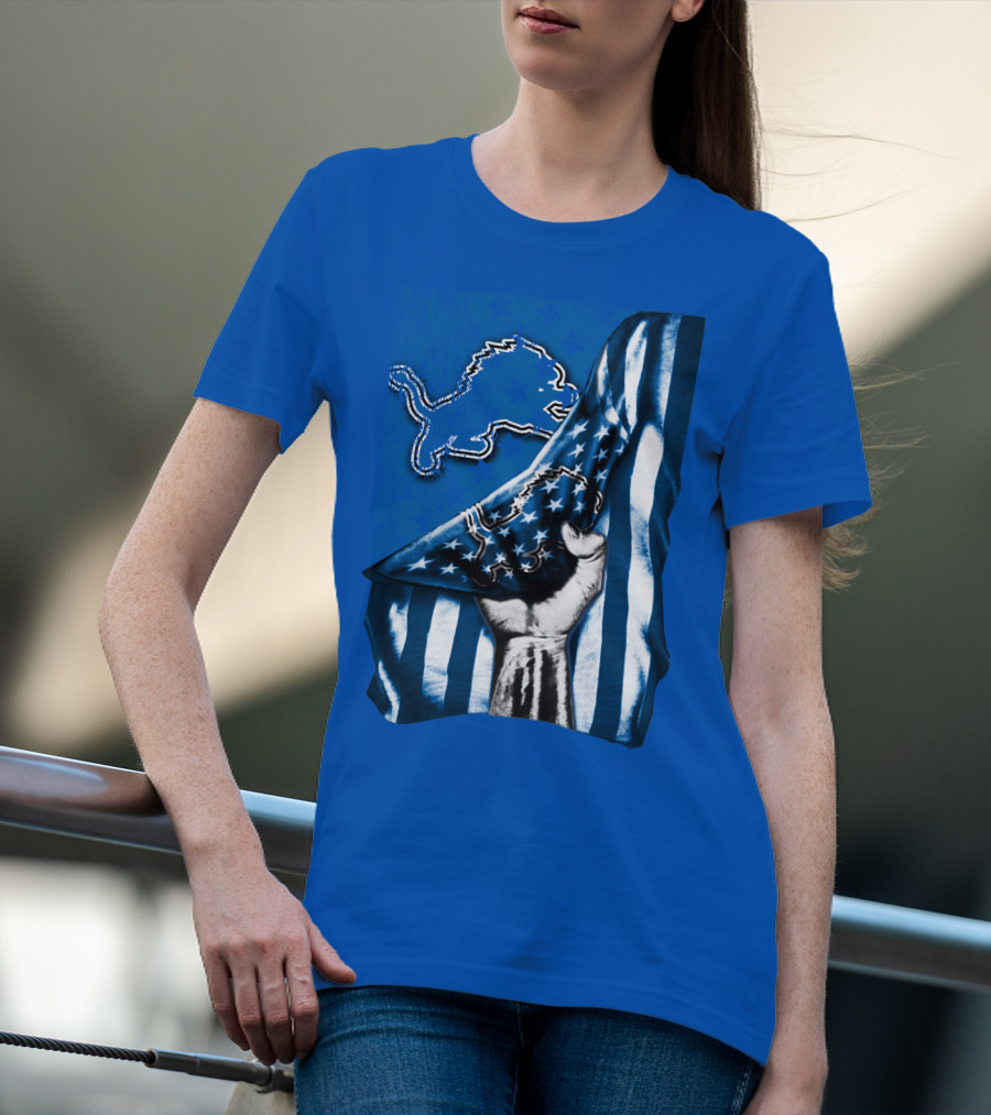 Flag V1 Detroit Lions Blue And White Stars And Stripes Fist T-Shirt