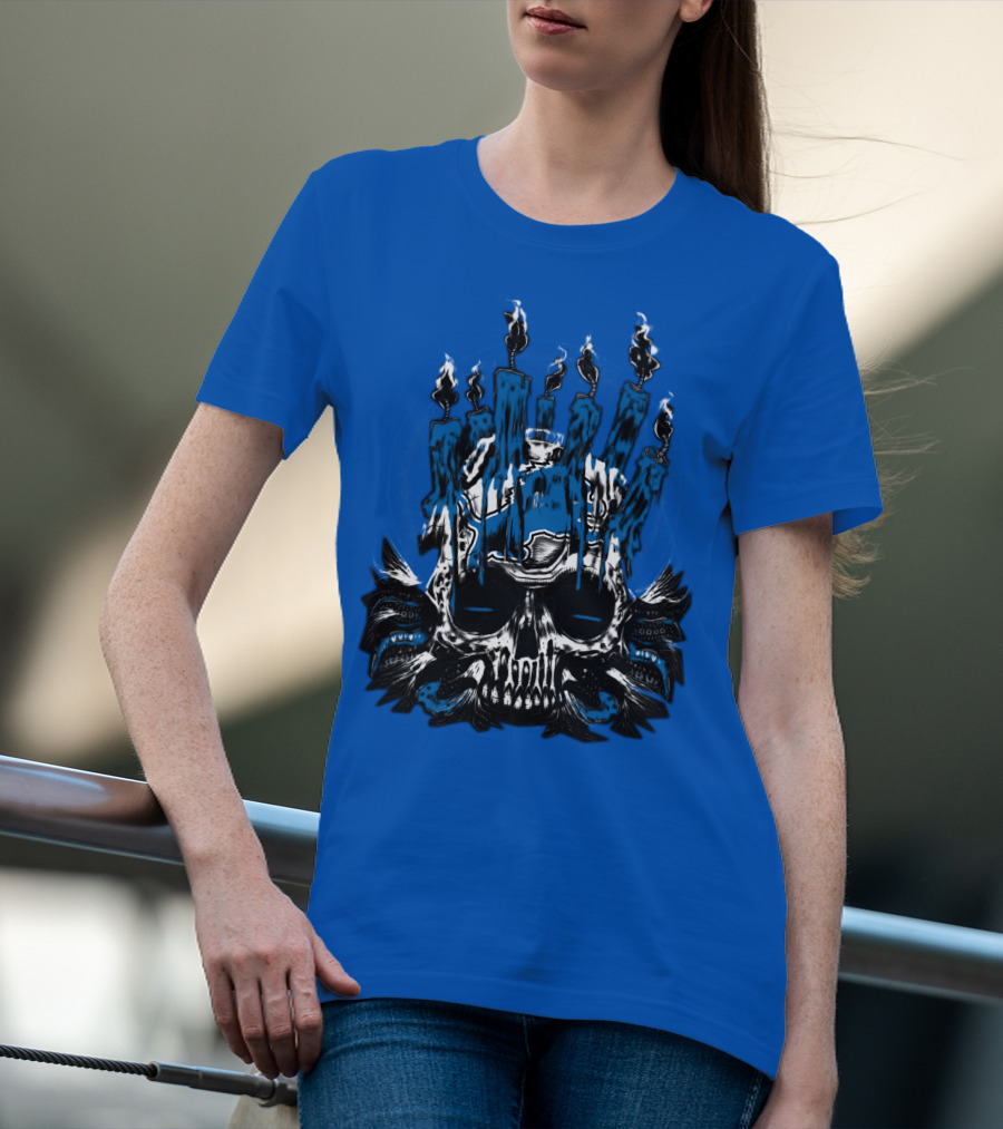 Detroit Lions Skull With Blue Flames And Candles T-Shirt