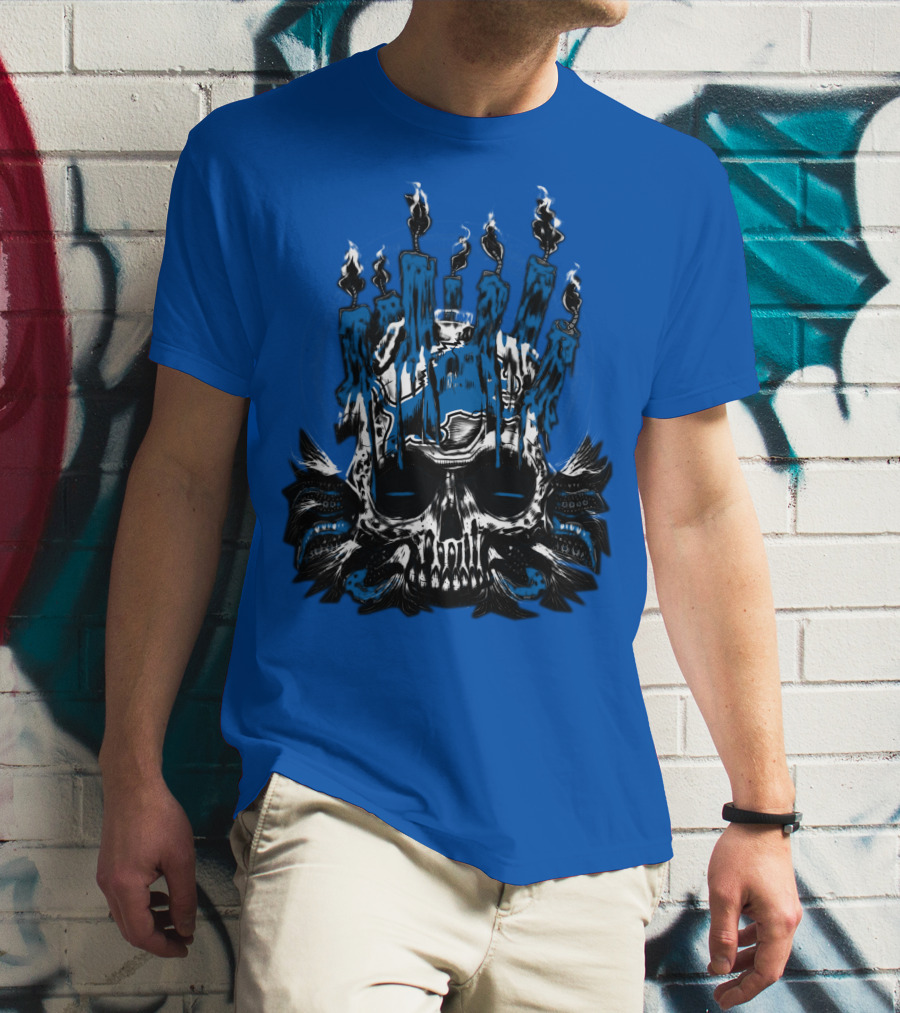 Detroit Lions Skull With Blue Flames And Candles T-Shirt