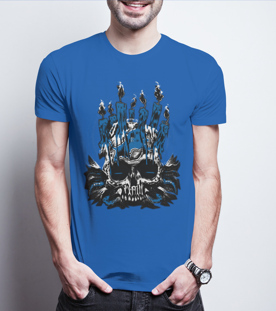 Detroit Lions Skull With Blue Flames And Candles T-Shirt
