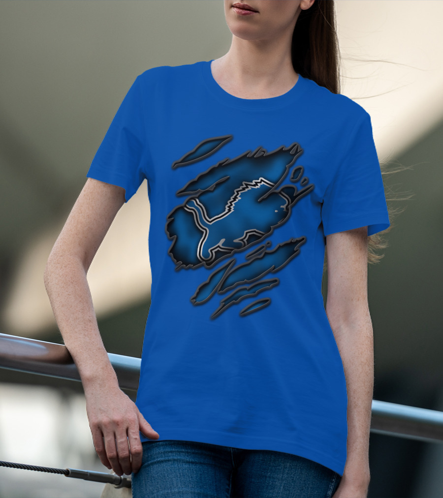 Torn Detroit Lions Blue Texture With Iconic Lion Logo In Claw Marks T-Shirt