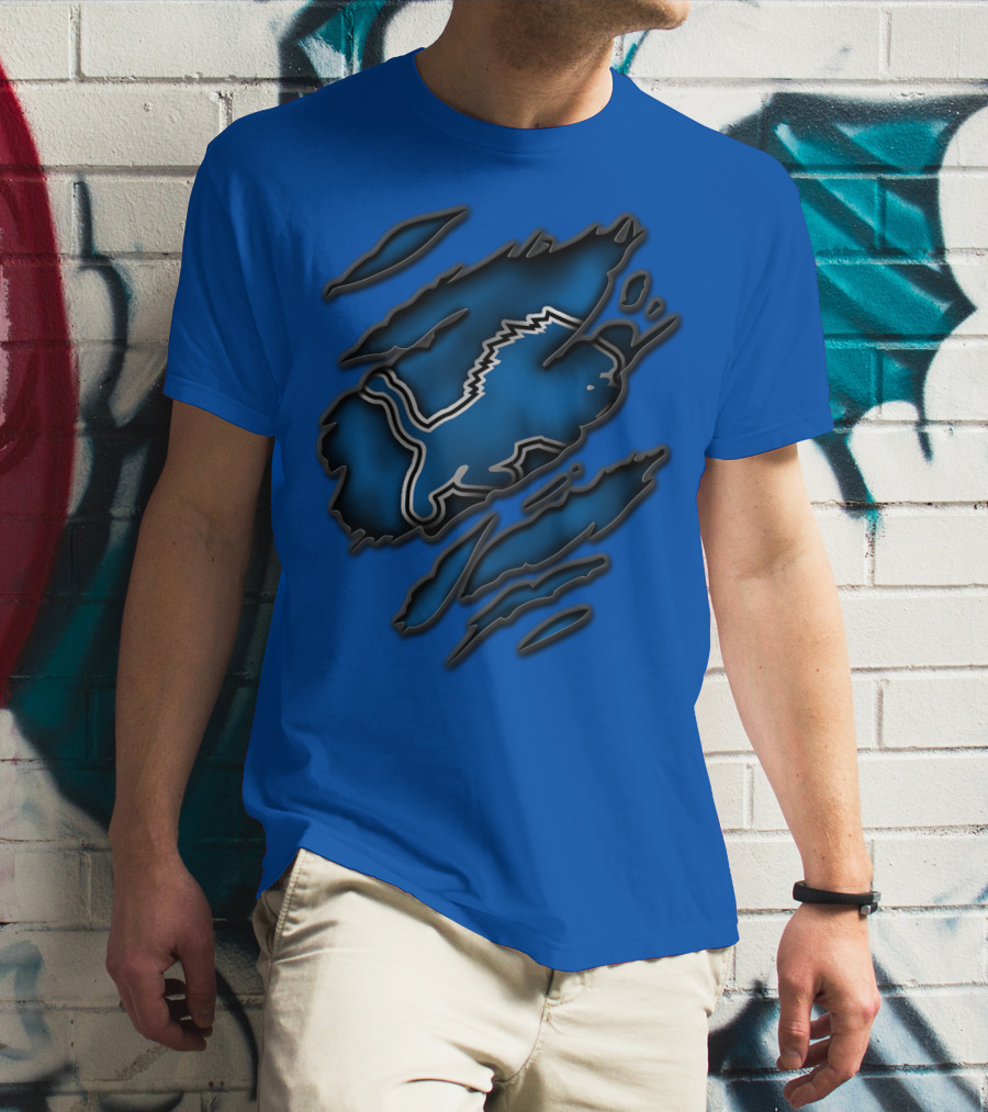 Torn Detroit Lions Blue Texture With Iconic Lion Logo In Claw Marks T-Shirt