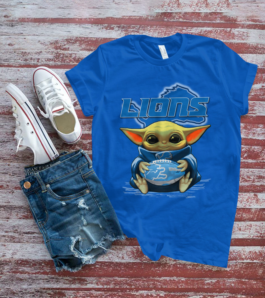 Lions Baby Yoda Holding Detroit Football Wilson Logo Fan Favorite T-Shirt