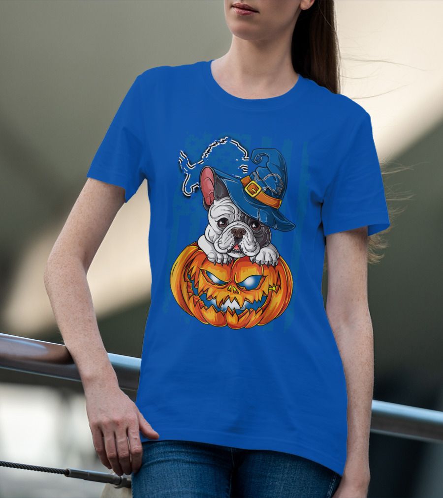 Hlw Bulldog DETROIT LIONS Halloween Bulldog Pumpkin Pajama Football Fan Gift T-Shirt
