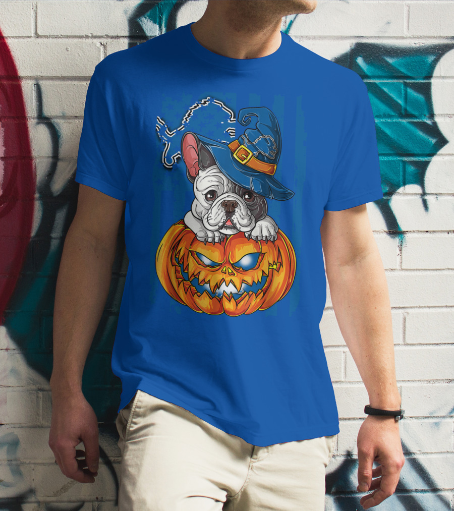 Hlw Bulldog DETROIT LIONS Halloween Bulldog Pumpkin Pajama Football Fan Gift T-Shirt