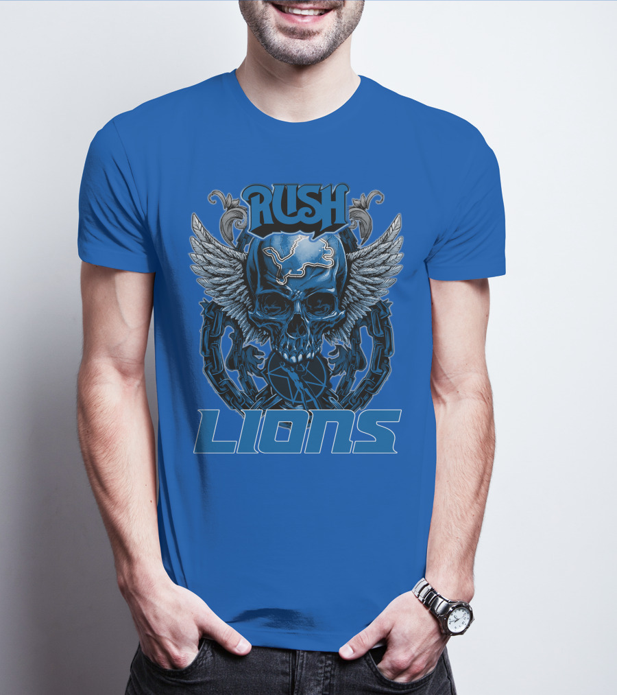 Rush Detroit Lions Skull With Wings And Chains T-Shirt