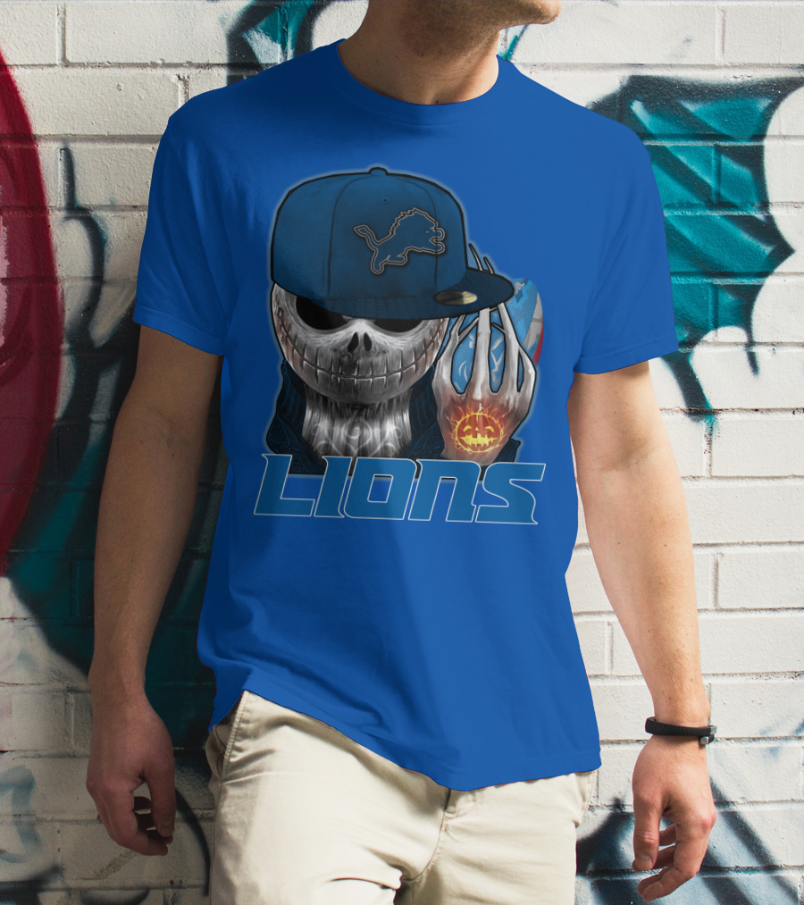 LIONS Jackskull Detroit Football Pumpkin Face Cap T-Shirt