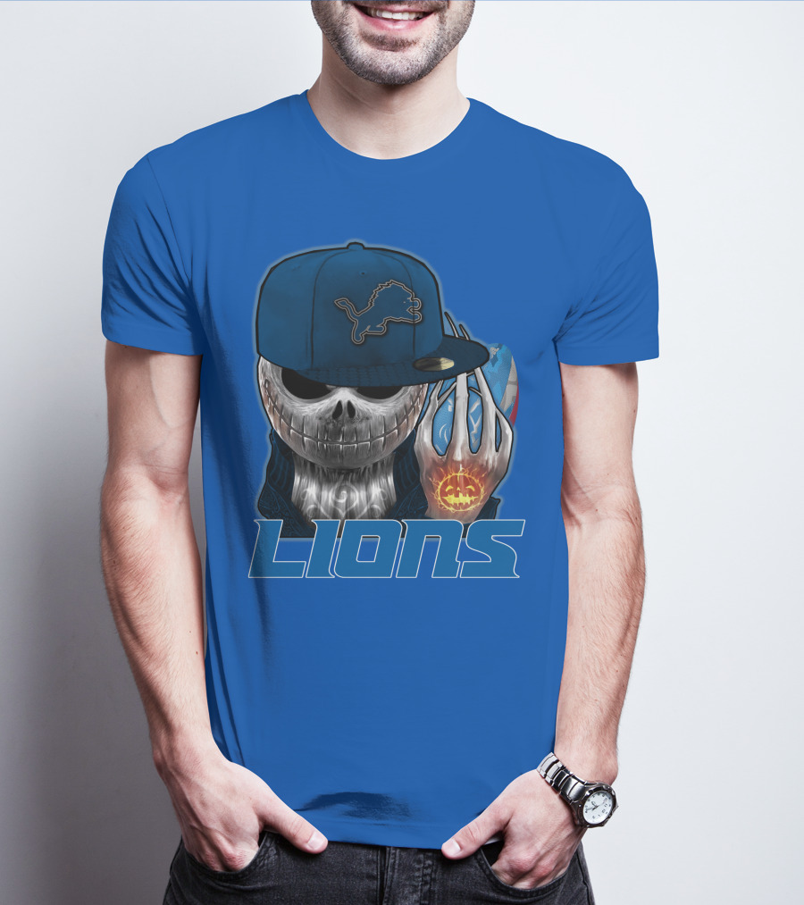 LIONS Jackskull Detroit Football Pumpkin Face Cap T-Shirt