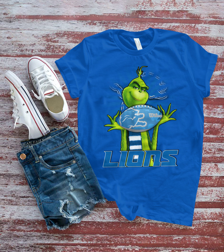 Grinch Holding Detroit Lions Football Blue T-Shirt