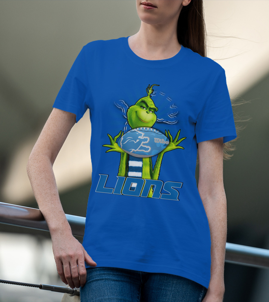 Grinch Holding Detroit Lions Football Blue T-Shirt