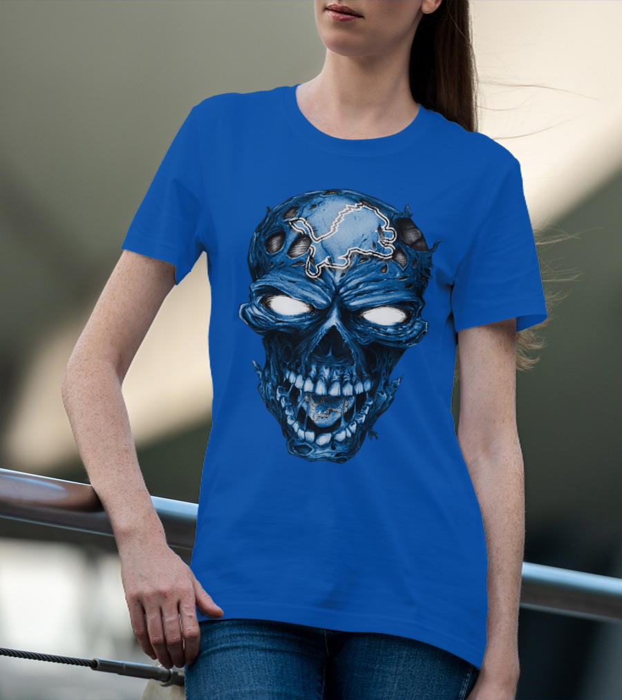 Skull Detroit Lions Distressed Blue Grunge T-Shirt