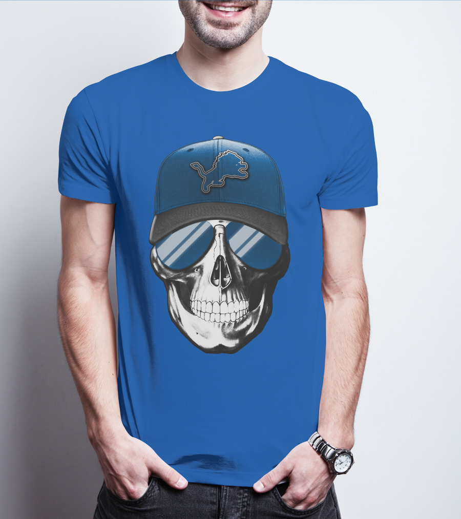 Skull Wearing Detroit Lions Cap With Reflective Sunglasses T-Shirt