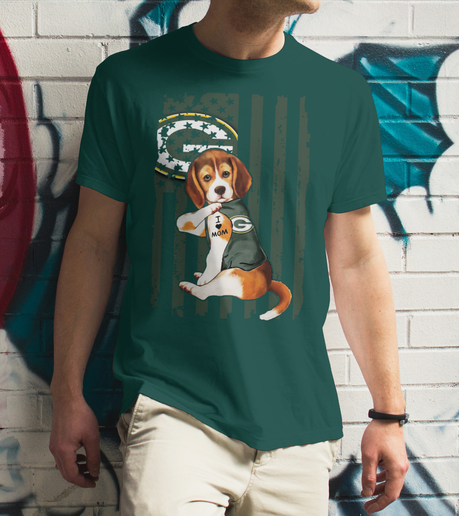 Beagle Wearing Green Bay Packers Jersey With I Love Mom Tattoo T-Shirt
