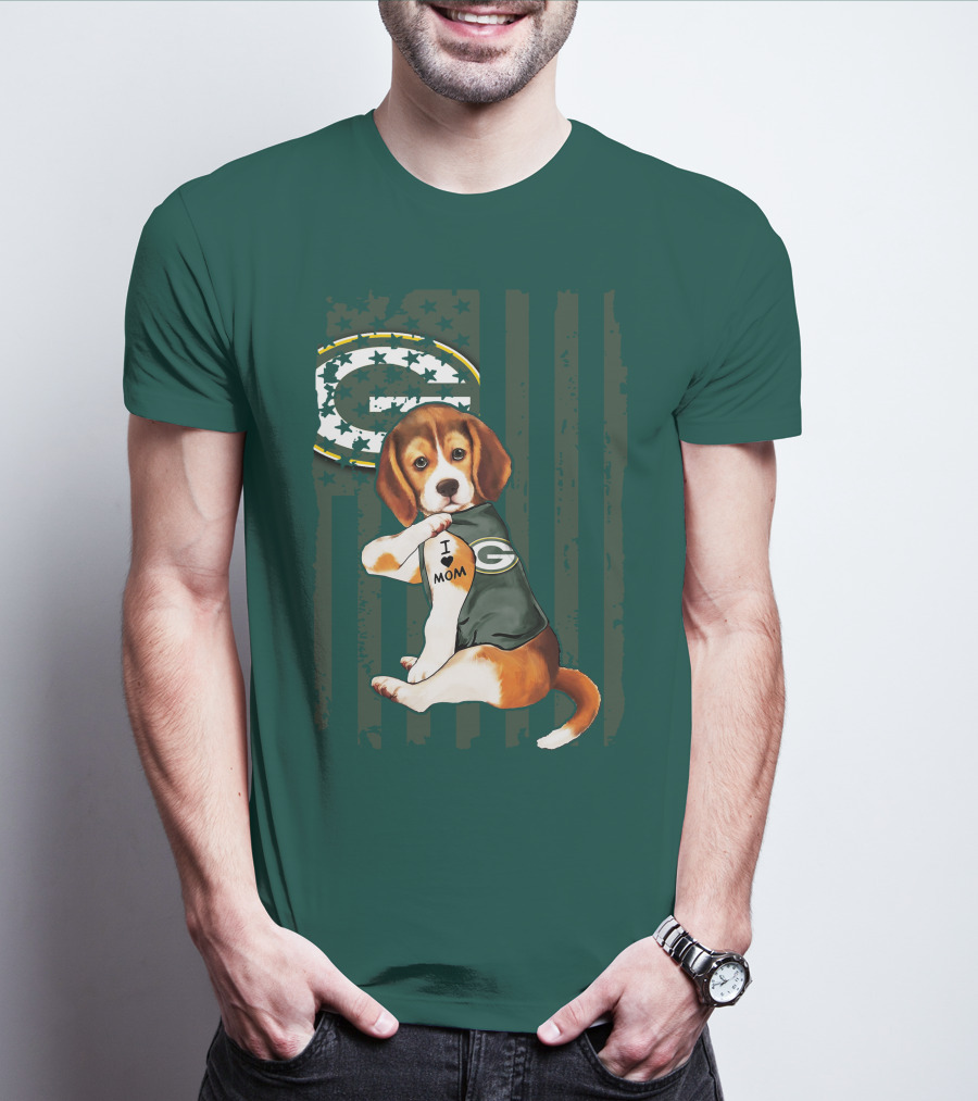 Beagle Wearing Green Bay Packers Jersey With I Love Mom Tattoo T-Shirt
