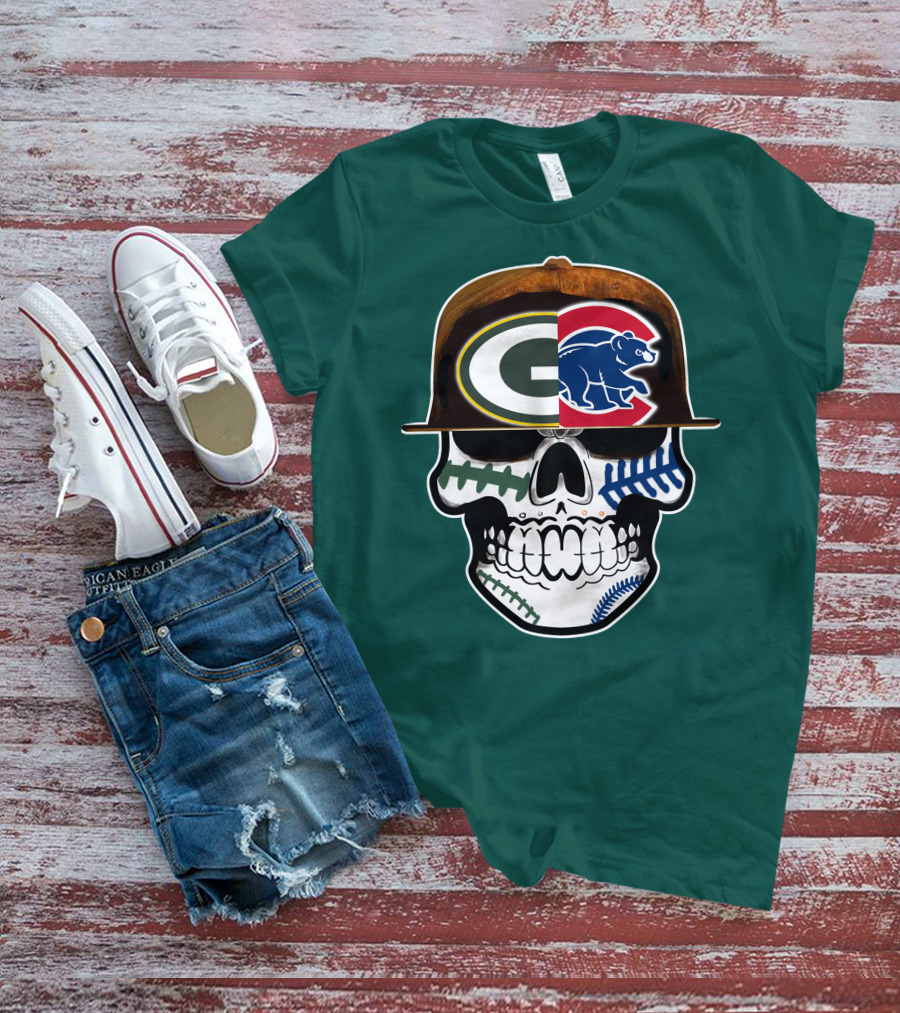 Green Bay Packers Chicago Cubs Skull Hat T-Shirt
