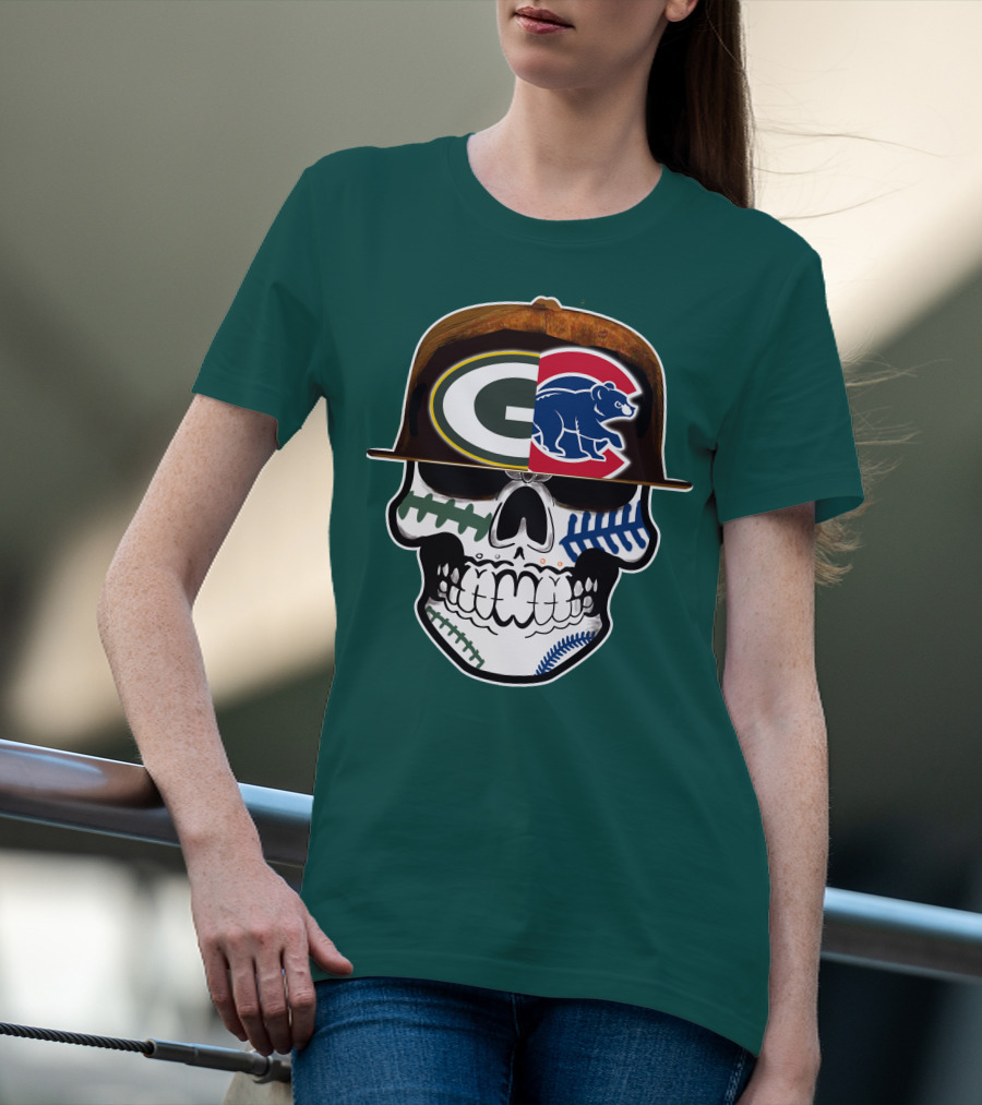 Green Bay Packers Chicago Cubs Skull Hat T-Shirt