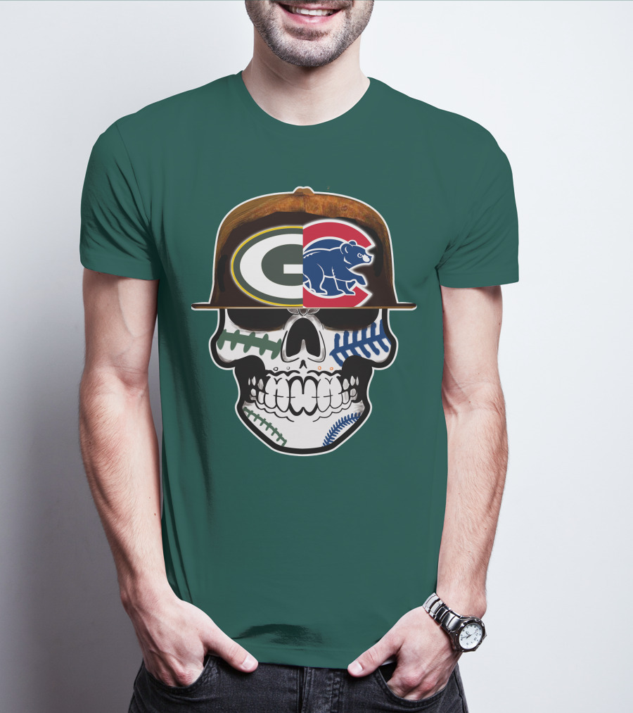 Green Bay Packers Chicago Cubs Skull Hat T-Shirt