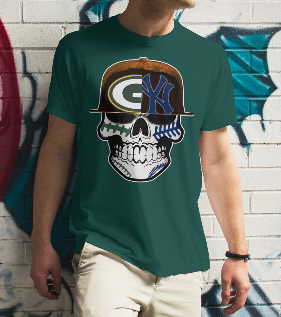 Green Bay Packers New York Yankees Split Skull Cap T-Shirt