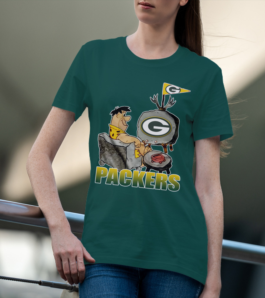 Packers Fred Flintstone Watching Tv With Green Bay T-Shirt