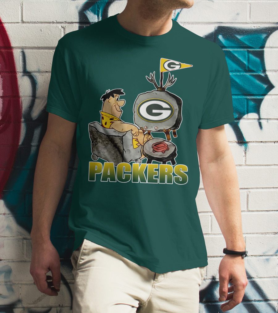 Packers Fred Flintstone Watching Tv With Green Bay T-Shirt