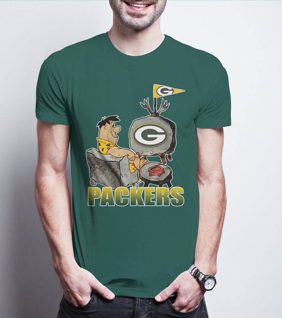 Packers Fred Flintstone Watching Tv With Green Bay T-Shirt