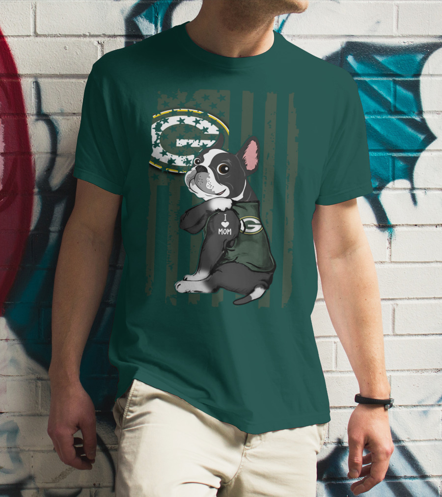Boston Terrier Holding I Love Mom Green Bay Packers T-Shirt