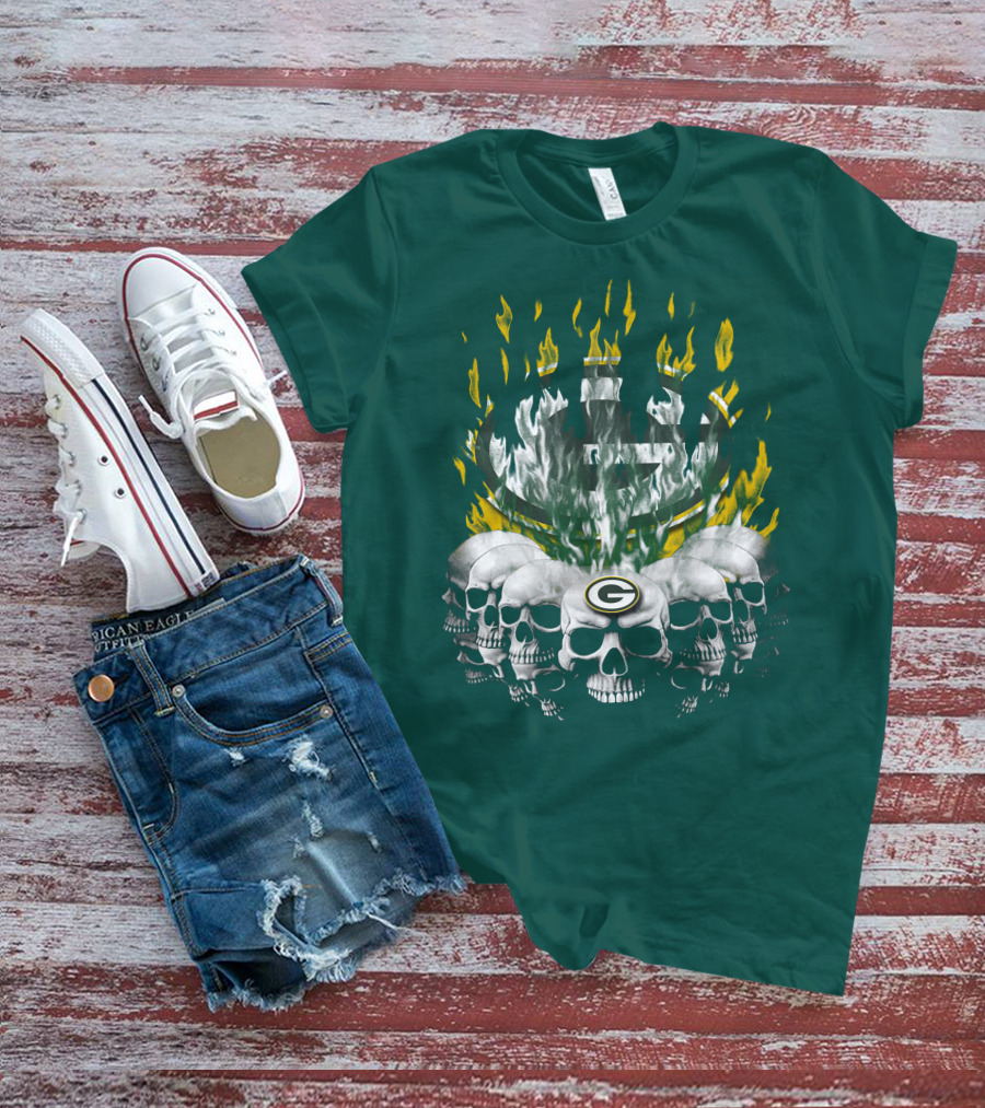 Green Bay Packers Flaming Skull T-Shirt