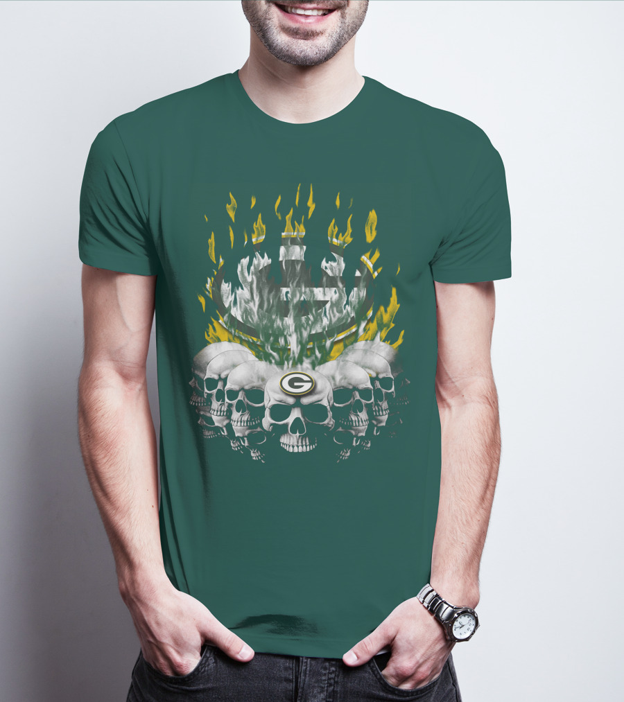 Green Bay Packers Flaming Skull T-Shirt