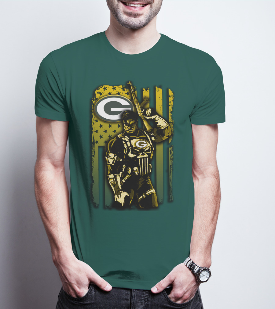 Green Bay Packers Soldier With Rifle And American Flag T-Shirt