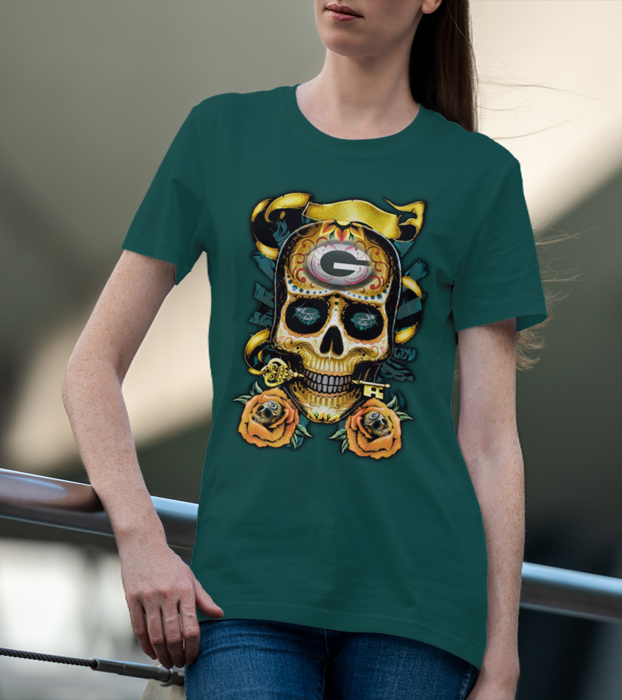 Green Bay Packers Sugar Skull Gothic Design With Floral And Key Elements T-Shirt