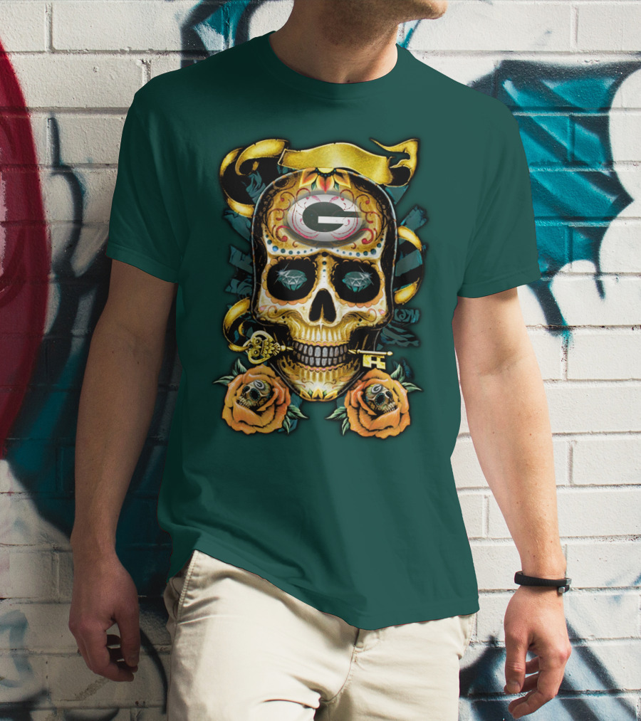 Green Bay Packers Sugar Skull Gothic Design With Floral And Key Elements T-Shirt
