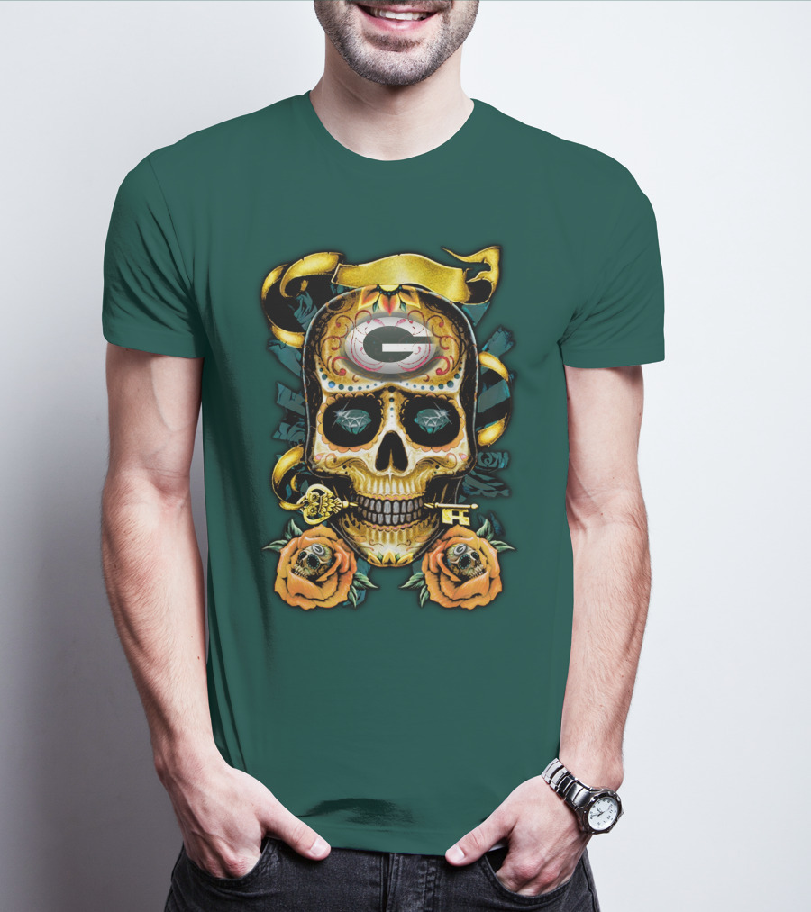 Green Bay Packers Sugar Skull Gothic Design With Floral And Key Elements T-Shirt