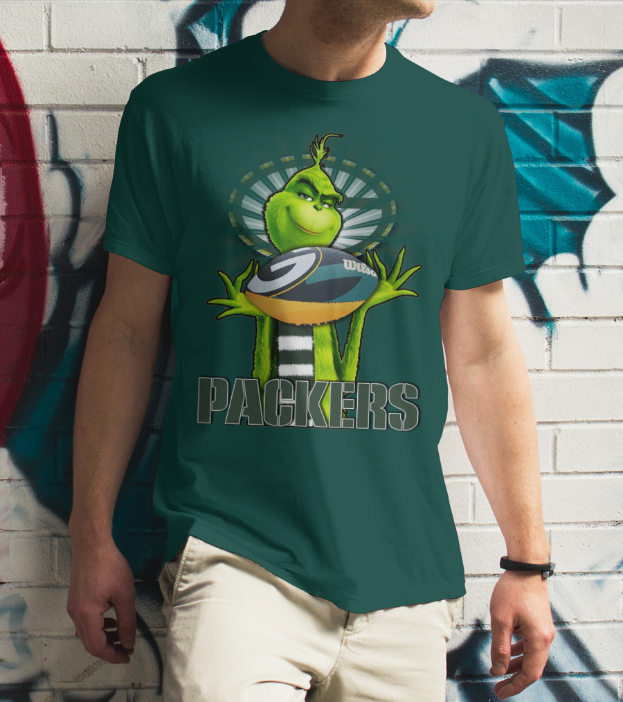 Grinch Holding Green Bay Packers Wilson Football T-Shirt
