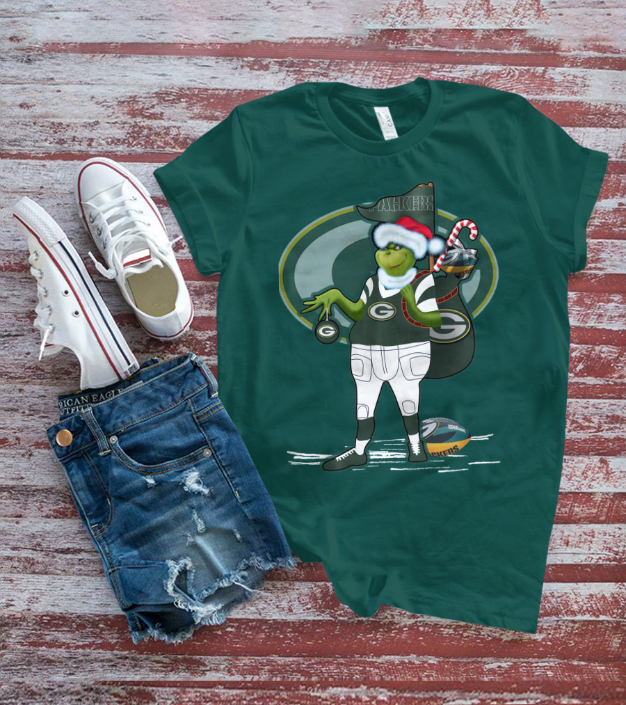 Grinch Green Bay Packers Christmas Santa Hat Football Candy Cane T-Shirt