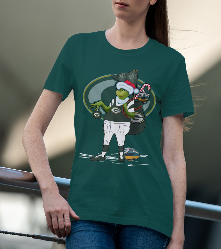 Grinch Green Bay Packers Christmas Santa Hat Football Candy Cane T-Shirt